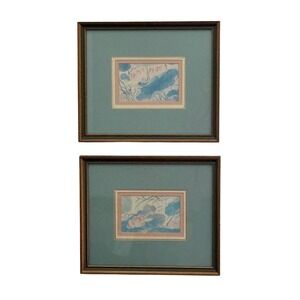 Framed Watercolor Print Pair Lotus Flower Botanical Art Prints Set of 2 13"x 11"